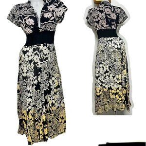 Papillon Floral Dress Black White Yellow 100% Cotton Short Sleeves Women Size M